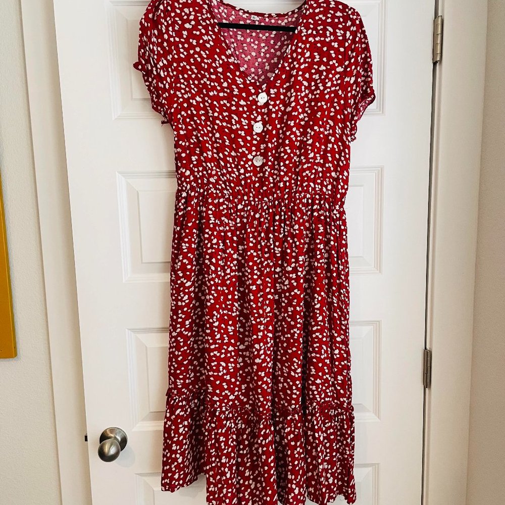 XL midi A-line red with white floral dress